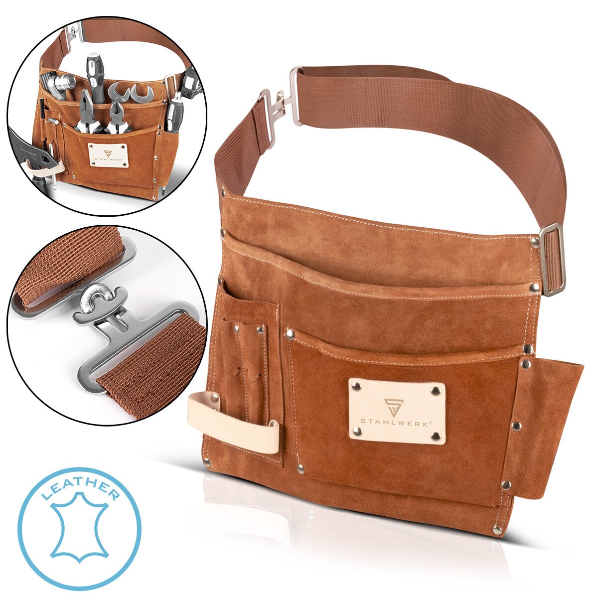 STAHLWERK Werkzeuggürtel aus echtem Wildleder mit 3 Taschen, 3 Einstecklaschen und 1 Hammerhalter | robuste Gürteltasche in widerstandsfähiger Verarbeitung | Werkzeugtasche mit einstellbarem Schnellverschluss-Gürtel