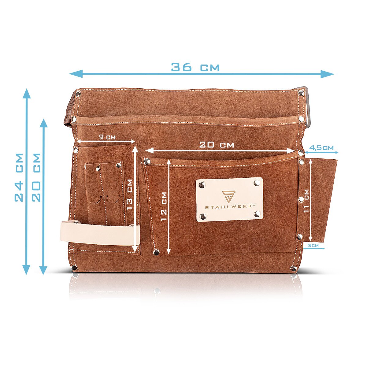 STAHLWERK Werkzeuggürtel aus echtem Wildleder mit 3 Taschen, 3 Einstecklaschen und 1 Hammerhalter | robuste Gürteltasche in widerstandsfähiger Verarbeitung | Werkzeugtasche mit einstellbarem Schnellverschluss-Gürtel