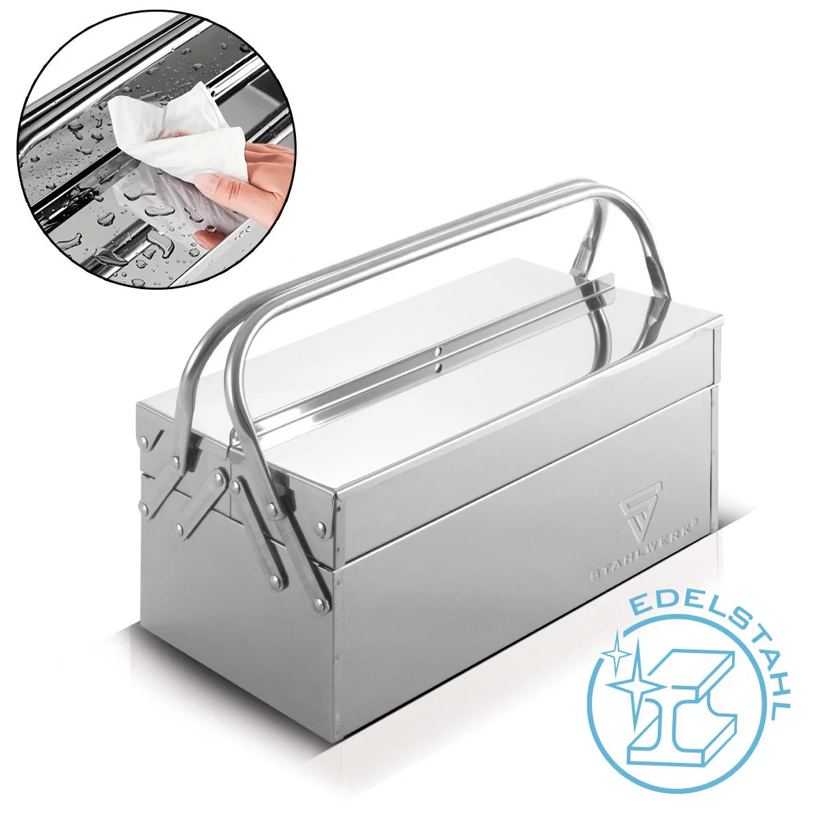 STAHLWERK Werkzeugkasten aus Edelstahl | Werkzeugkiste aus Metall, seitlich ausziehbar | hochwertige Werkzeugbox leer mit 3 Fächern | platzsparender Werkzeug-Organizer ohne Werkzeug