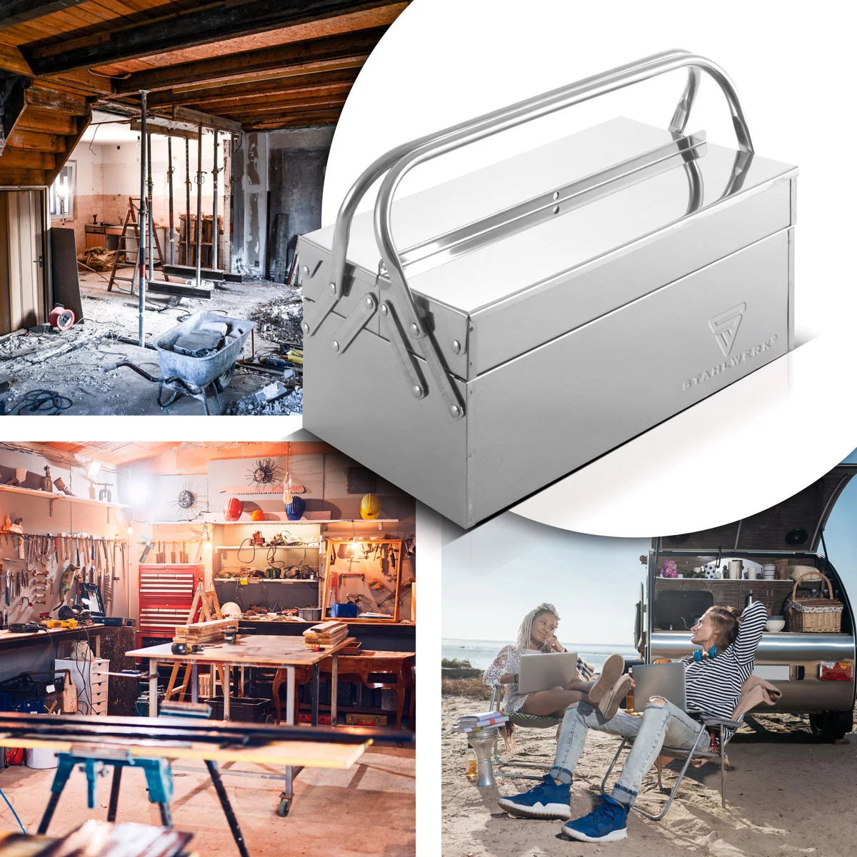 Toolbox Stahlwerk realizzato in acciaio inossidabile | Cassetta degli attrezzi in metallo, estendibile sul lato | Cassetta degli attrezzi di alta qualità vuota con 3 scomparti | Organizzatore di strumenti per risparmio spaziale senza strumenti