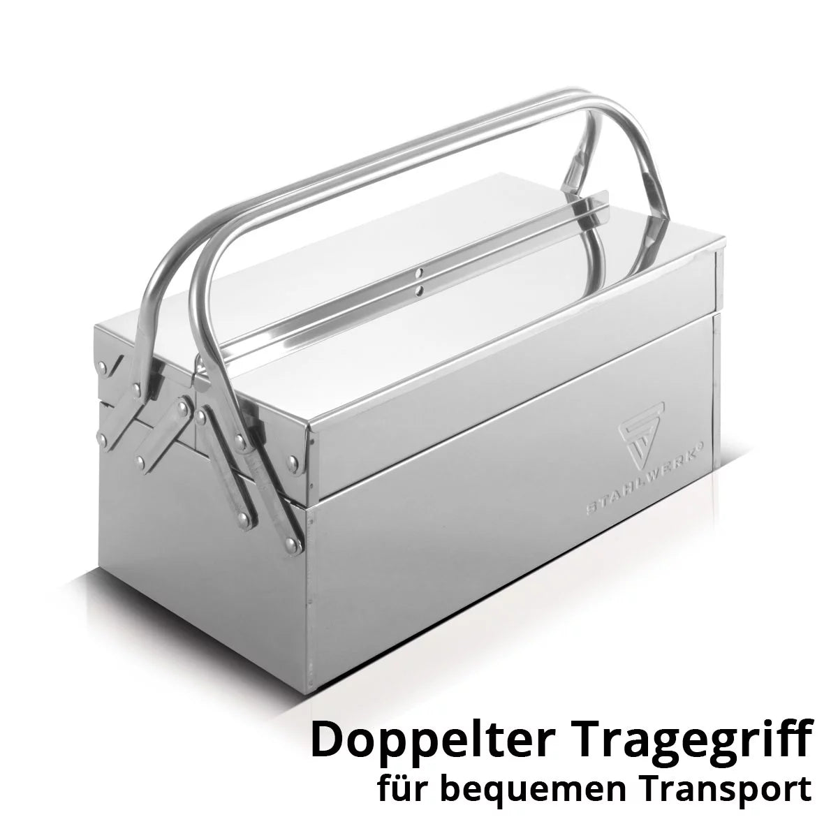 STAHLWERK Werkzeugkasten aus Edelstahl | Werkzeugkiste aus Metall, seitlich ausziehbar | hochwertige Werkzeugbox leer mit 5 Fächern | platzsparender Werkzeug-Organizer ohne Werkzeug
