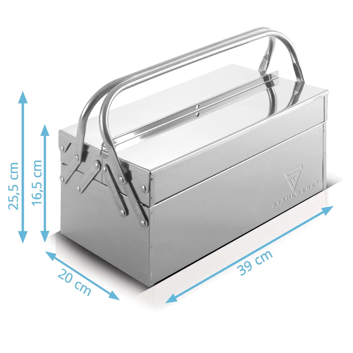 STAHLWERK Werkzeugkasten aus Edelstahl | Werkzeugkiste aus Metall, seitlich ausziehbar | hochwertige Werkzeugbox leer mit 3 Fächern | platzsparender Werkzeug-Organizer ohne Werkzeug