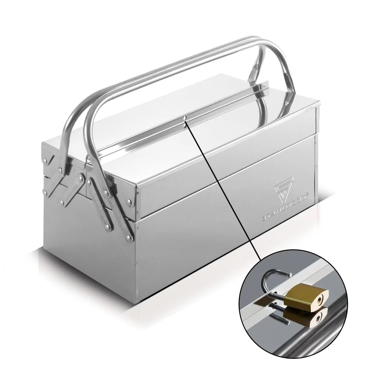 Toolbox Stahlwerk realizzato in acciaio inossidabile | Cassetta degli attrezzi in metallo, estendibile sul lato | Cassetta degli attrezzi di alta qualità vuota con 3 scomparti | Organizzatore di strumenti per risparmio spaziale senza strumenti