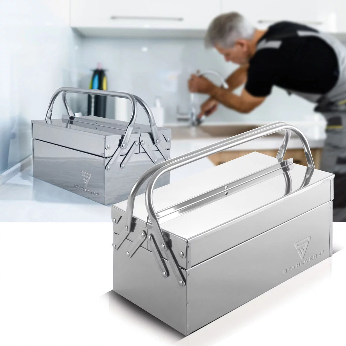 Toolbox Stahlwerk realizzato in acciaio inossidabile | Cassetta degli attrezzi in metallo, estendibile sul lato | Cassetta degli attrezzi di alta qualità vuota con 3 scomparti | Organizzatore di strumenti per risparmio spaziale senza strumenti