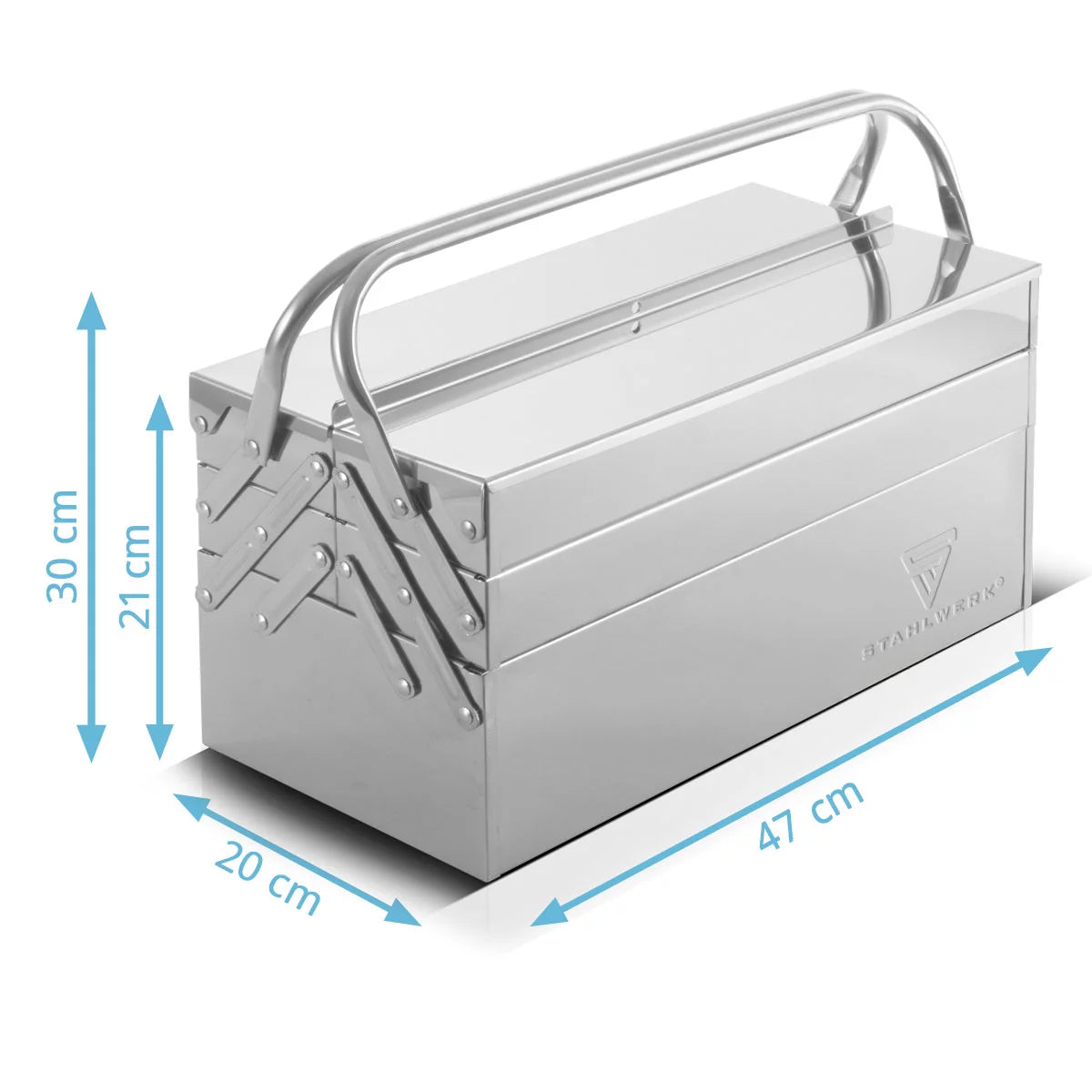 STAHLWERK Werkzeugkasten aus Edelstahl | Werkzeugkiste aus Metall, seitlich ausziehbar | hochwertige Werkzeugbox leer mit 5 Fächern | platzsparender Werkzeug-Organizer ohne Werkzeug