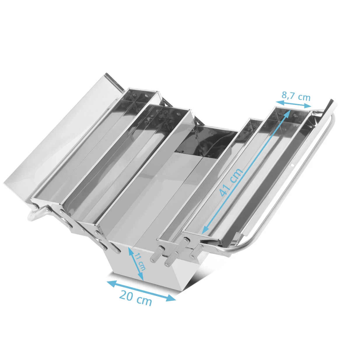 STAHLWERK Werkzeugkasten aus Edelstahl | Werkzeugkiste aus Metall, seitlich ausziehbar | hochwertige Werkzeugbox leer mit 5 Fächern | platzsparender Werkzeug-Organizer ohne Werkzeug