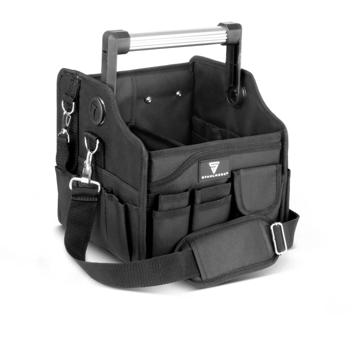 STAHLWERK Werkzeugtasche mit 14 Aussentaschen | 2 Innenfächer | Robuste Elektriker-Tasche | Tragbare Montagetasche mit verstärktem Rahmen | Aluminium-Tragegriff und Gurt | Strapazierfähiges Polyester