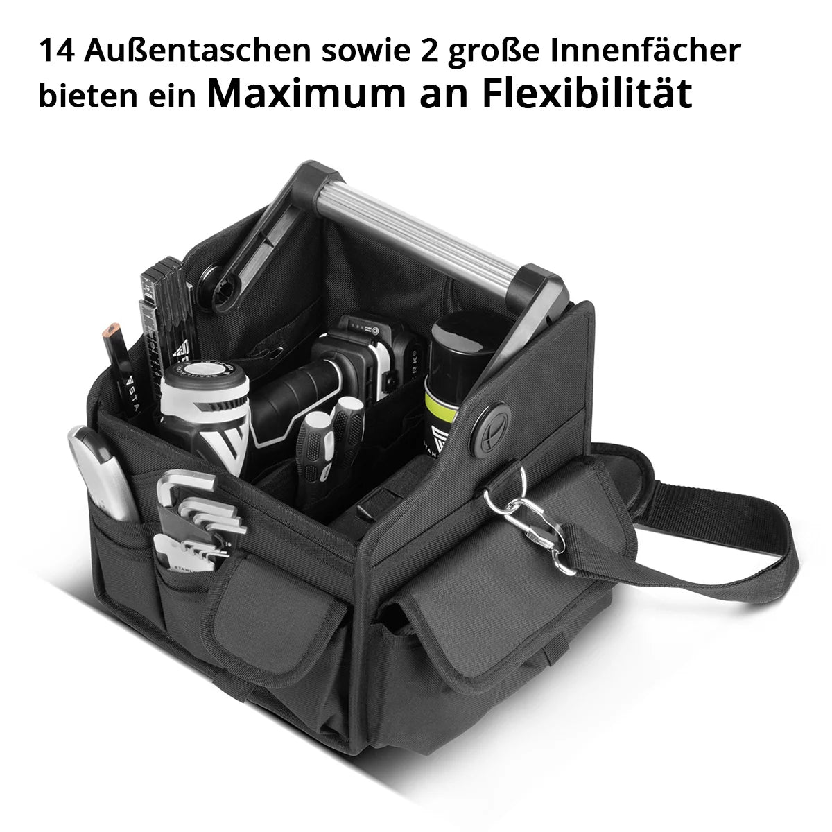 STAHLWERK Werkzeugtasche mit 14 Aussentaschen | 2 Innenfächer | Robuste Elektriker-Tasche | Tragbare Montagetasche mit verstärktem Rahmen | Aluminium-Tragegriff und Gurt | Strapazierfähiges Polyester