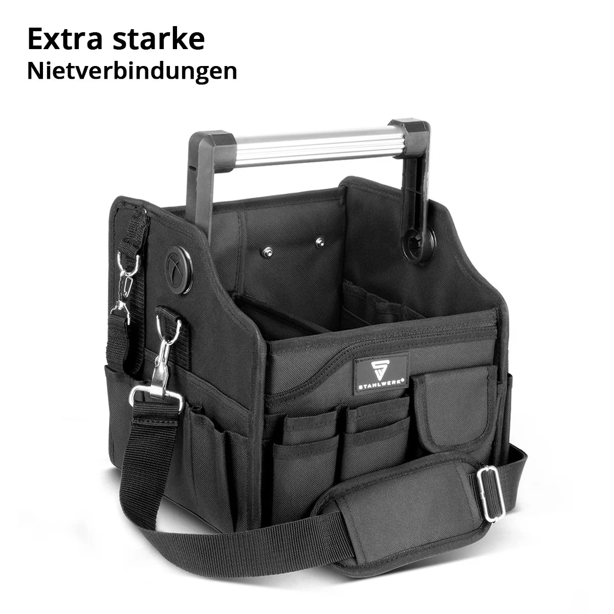 STAHLWERK Werkzeugtasche mit 14 Aussentaschen | 2 Innenfächer | Robuste Elektriker-Tasche | Tragbare Montagetasche mit verstärktem Rahmen | Aluminium-Tragegriff und Gurt | Strapazierfähiges Polyester