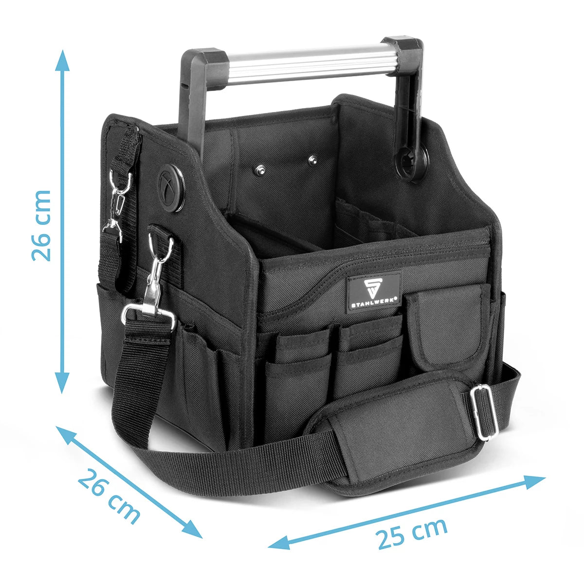 STAHLWERK Werkzeugtasche mit 14 Aussentaschen | 2 Innenfächer | Robuste Elektriker-Tasche | Tragbare Montagetasche mit verstärktem Rahmen | Aluminium-Tragegriff und Gurt | Strapazierfähiges Polyester