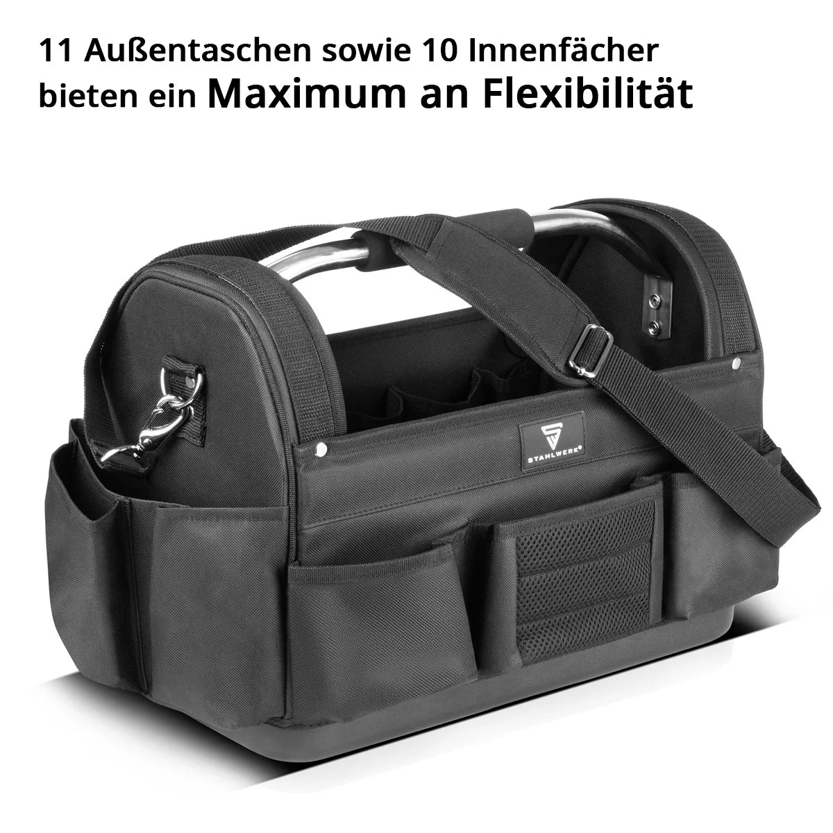 STAHLWERK Werkzeugtasche | 11 Aussen- und 10 Innentaschen | Robuste Installateur-Tasche | Tragbarer Werkzeugkoffer | Montagetasche mit Tragegriff und Schultergurt | Strapazierfähiges Polyester-Gewebe