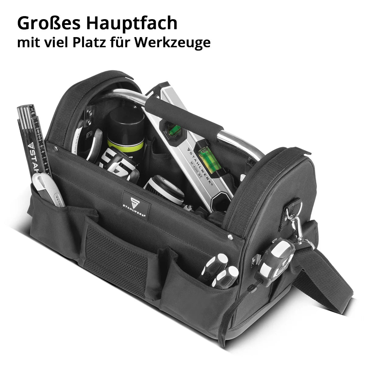 STAHLWERK Werkzeugtasche | 11 Aussen- und 10 Innentaschen | Robuste Installateur-Tasche | Tragbarer Werkzeugkoffer | Montagetasche mit Tragegriff und Schultergurt | Strapazierfähiges Polyester-Gewebe