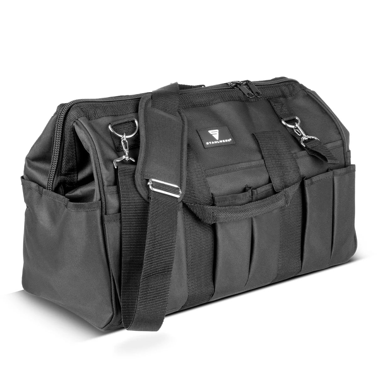 STAHLWERK Werkzeugtasche | 15 Aussen- und 6 Innenfächer | Weitöffnende Installateur-Tasche | Tragbarer Werkzeugkoffer | Montagetasche mit Doppelgriff und Gurt | Strapazierfähiges Polyester-Gewebe