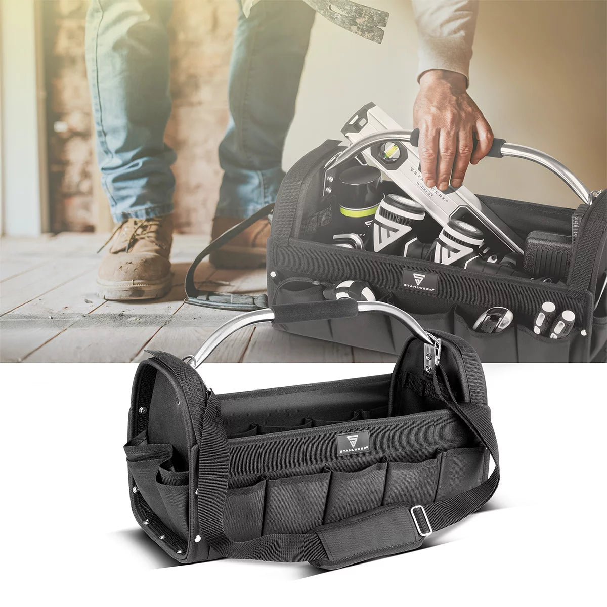 STAHLWERK Werkzeugtasche | 18 Aussen- und 10 Innentaschen | Robuste Installateur-Tasche | Tragbarer Werkzeugkoffer | Montagetasche mit Tragegriff und Schultergurt | Strapazierfähiges Polyester-Gewebe
