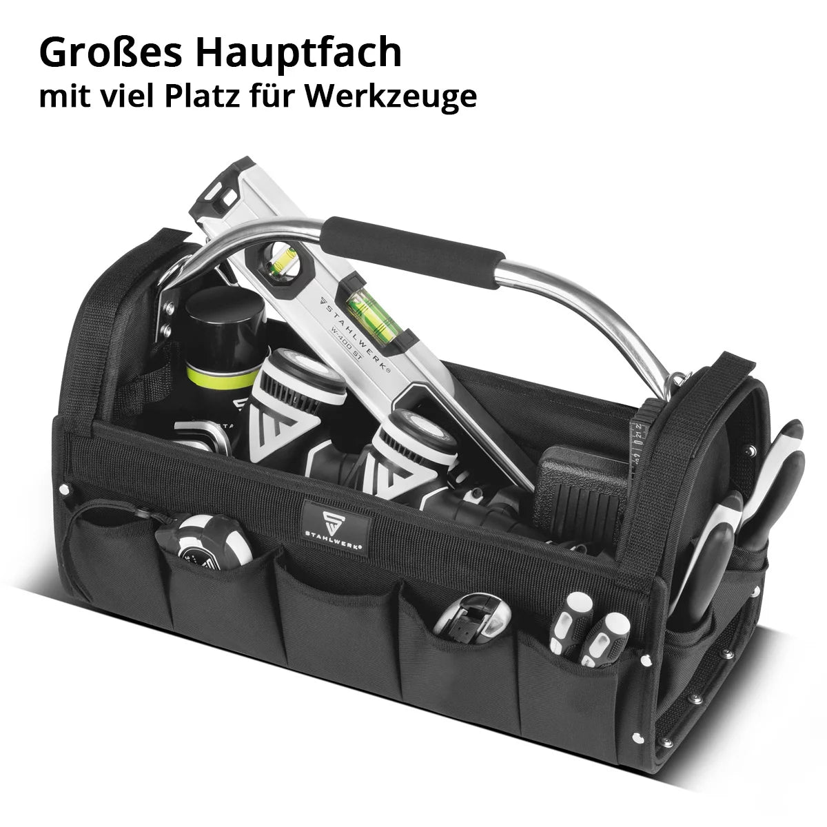 STAHLWERK Werkzeugtasche | 18 Aussen- und 10 Innentaschen | Robuste Installateur-Tasche | Tragbarer Werkzeugkoffer | Montagetasche mit Tragegriff und Schultergurt | Strapazierfähiges Polyester-Gewebe