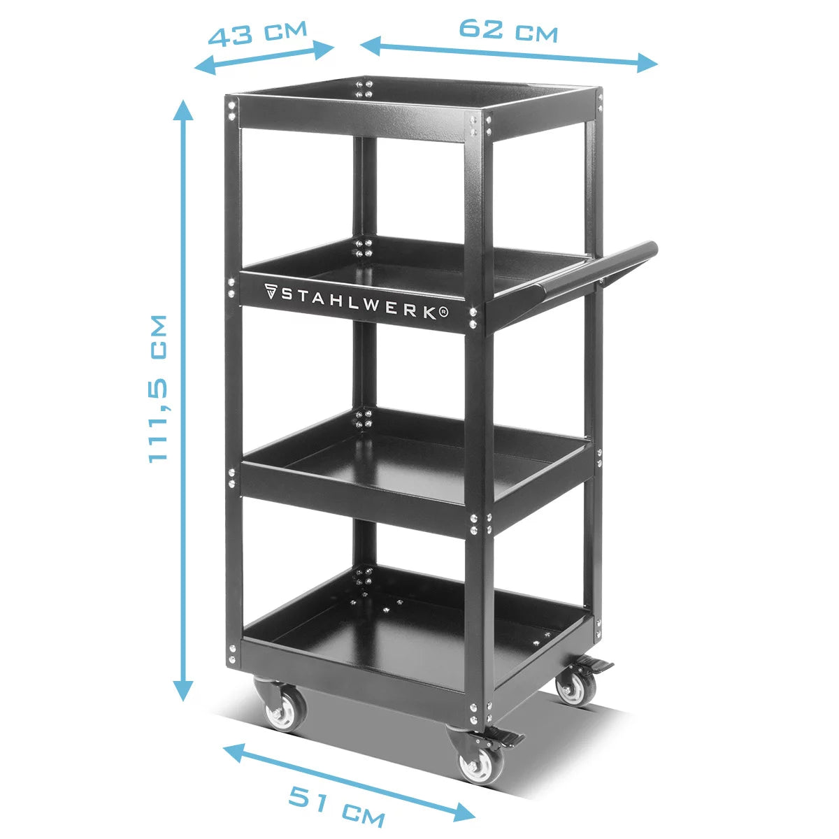 STAHLWERK tool trolley ST-1100 workshop trolley | Rolling cart made of sheet steel | Transport trolley for tools | Bunk trolley with 4 loading areas | Assembly trolley | Platform truck