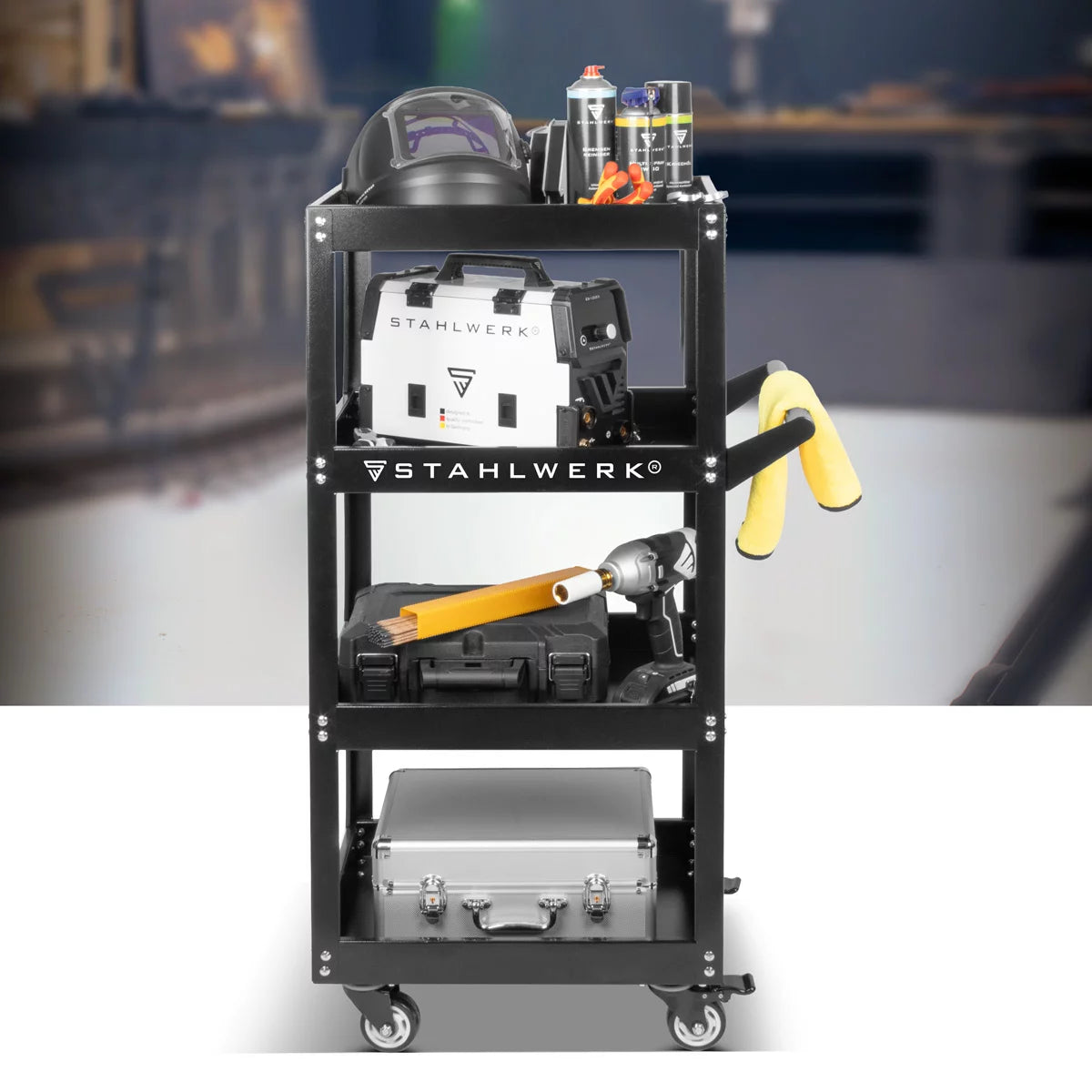 STAHLWERK tool trolley ST-1100 workshop trolley | Rolling cart made of sheet steel | Transport trolley for tools | Bunk trolley with 4 loading areas | Assembly trolley | Platform truck