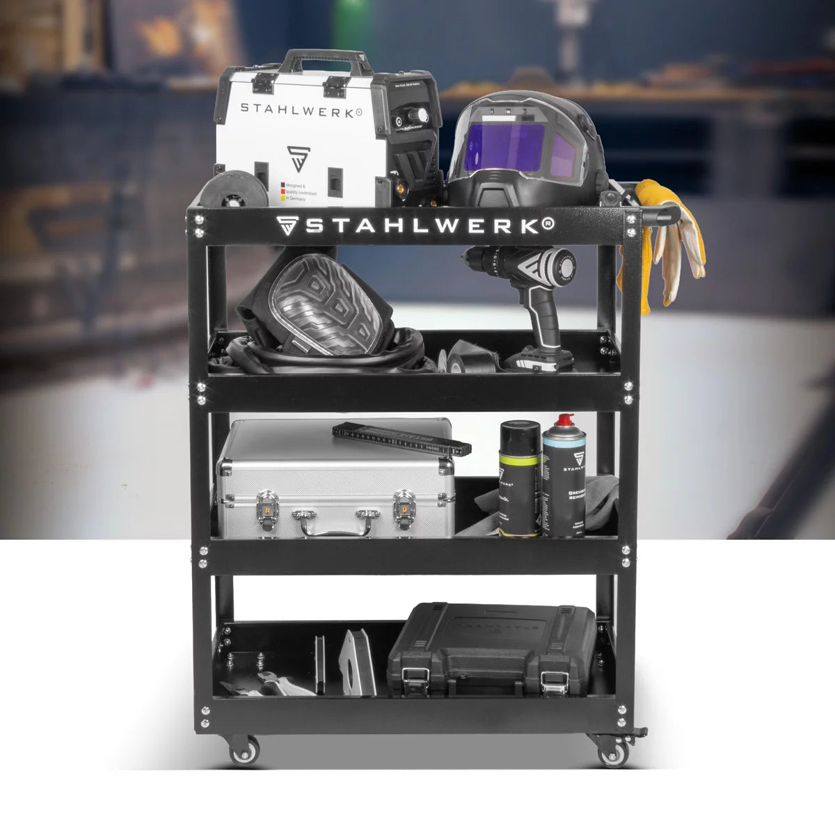 STAHLWERK Werkzeugwagen ST-875 Werkstattwagen | Rollwagen | Transportwagen | Montagewagen | Plattformwagen | Etagenwagen mit 4 Ladeflächen
