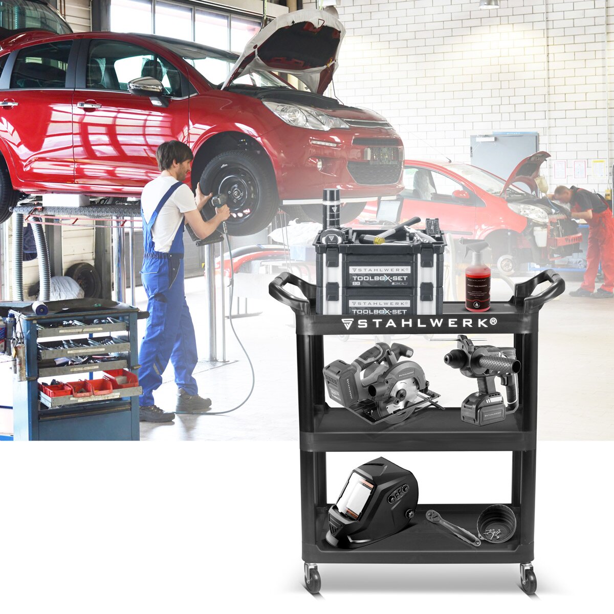 Stahlwerk Aracı Araba TC-92 ST 100 kg yük kapasiteli atölye arabası | Trot | Taşımacılık Araba | Monta Kanallar | Platform Araba | 3 şarj alanı ve 2 gidonlu bowling arabası