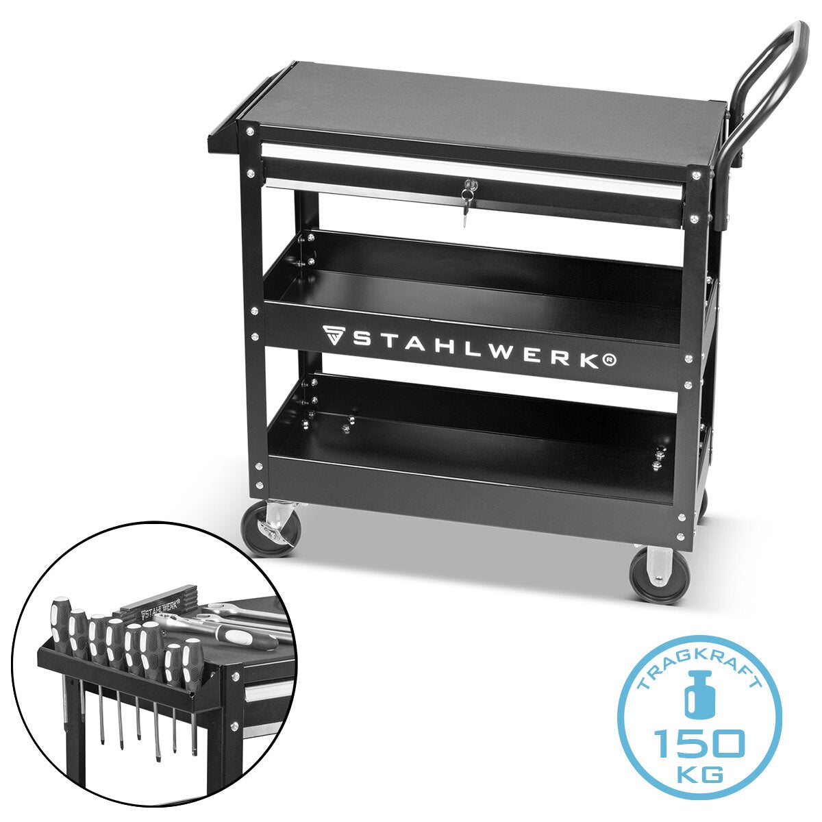 Stahlwerk Tool Car WZE-3 ST con capacità di carico di 150 kg, cassetto bloccabile e 3 aree di ricarica auto Auto della piattaforma | Trotto | Auto di trasporto | Condotti MONTA | Auto a pavimento | Carretto