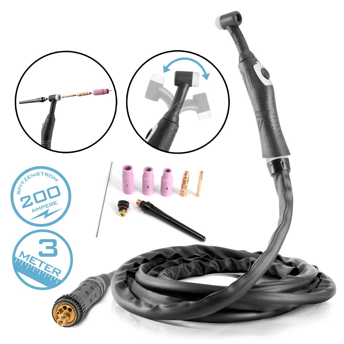 STAHLWERK WIG Schweißbrenner WP26F bis 200 A mit 3 m Schutzgas-Schlauchpaket, Eurozentralanschluss und Flex-Kopf für MIG MAG Schweißgeräte