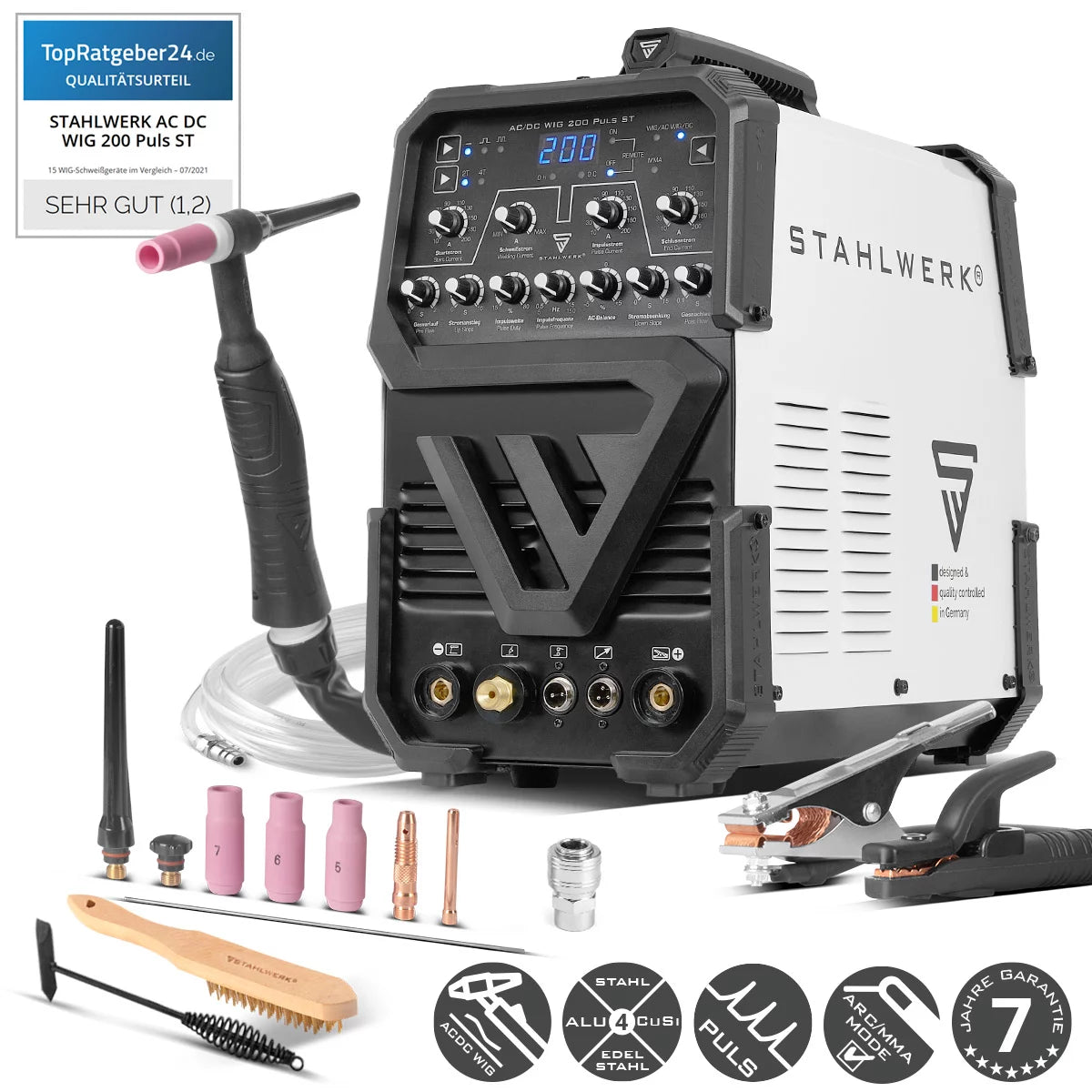 STAHLWERK AC/DC TIG 200 Puls ST | 200 Amp TIG Welder | AC/DC TIG and MMA/E-hand combination inverter | 2T/4T mode | Thin sheet suitable | AC mode for aluminum | Hot start and anti-stick