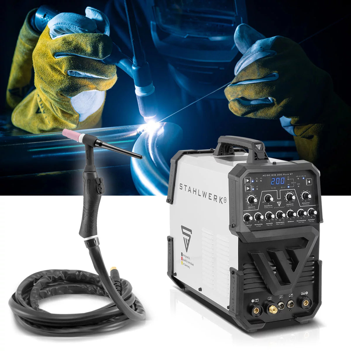 STAHLWERK AC/DC TIG 200 Puls ST totalmente equipado | Soldadora TIG de 200 amperios | Inversor combinado AC/DC TIG y MMA/E-hand | Modo 2T/4T | Hoja fina adecuada | Modo AC para aluminio