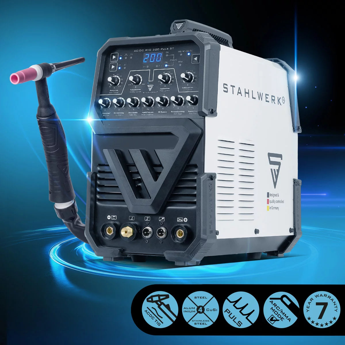 STAHLWERK AC/DC TIG 200 Puls ST مجهز بالكامل | ماكينة لحام TIG 200 امبير | محول تيار متردد/تيار مستمر TIG وMMA/E-hand | وضع 2T/4T | ورقة رقيقة مناسبة | وضع التيار المتردد للألمنيوم