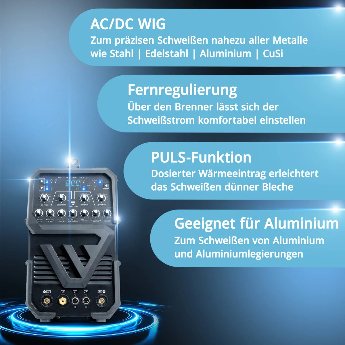 STAHLWERK AC/DC TIG 200 Puls ST totalmente equipado | Soldadora TIG de 200 amperios | Inversor combinado AC/DC TIG y MMA/E-hand | Modo 2T/4T | Hoja fina adecuada | Modo AC para aluminio