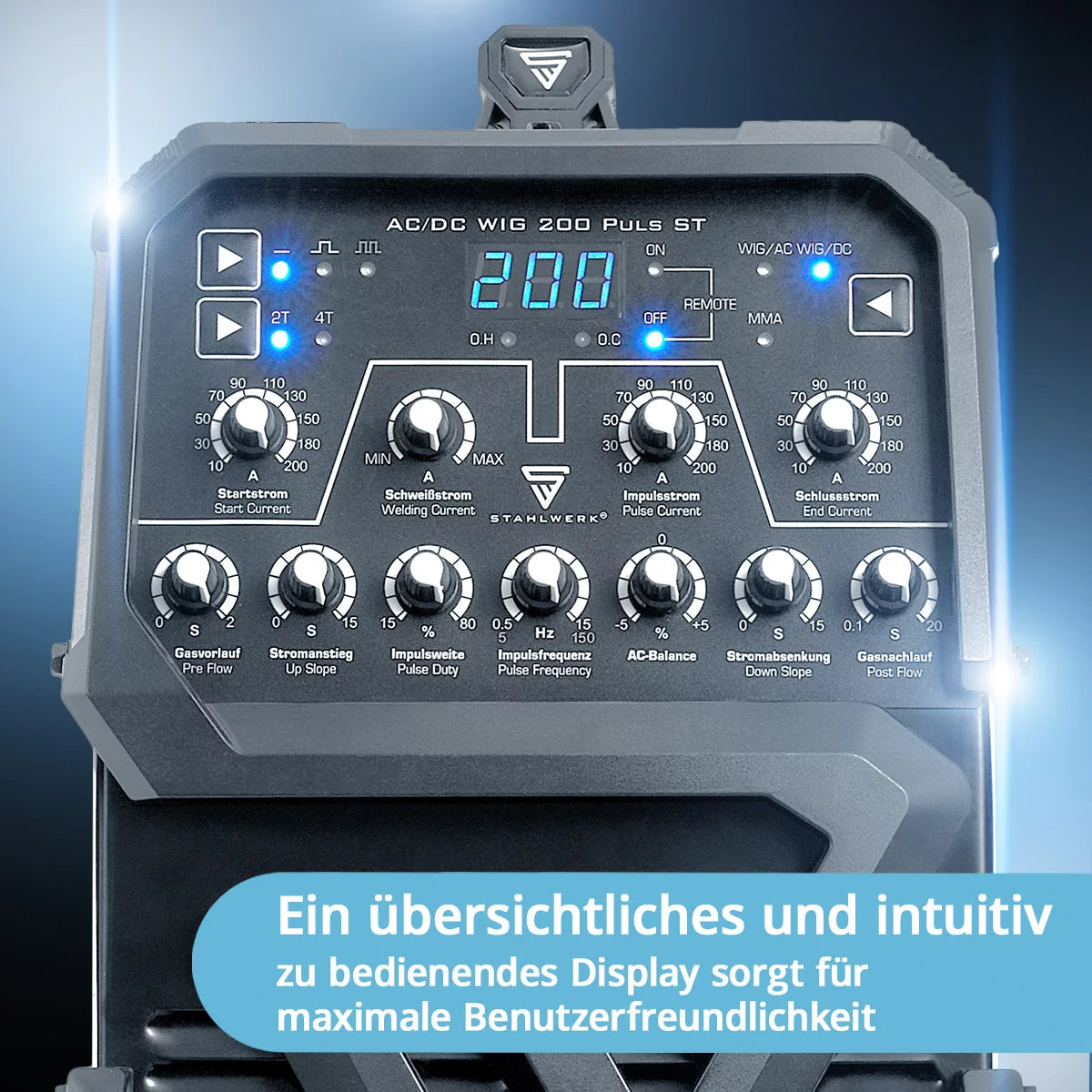 STAHLWERK AC/DC TIG 200 Puls ST totalmente equipado | Soldadora TIG de 200 amperios | Inversor combinado AC/DC TIG y MMA/E-hand | Modo 2T/4T | Hoja fina adecuada | Modo AC para aluminio