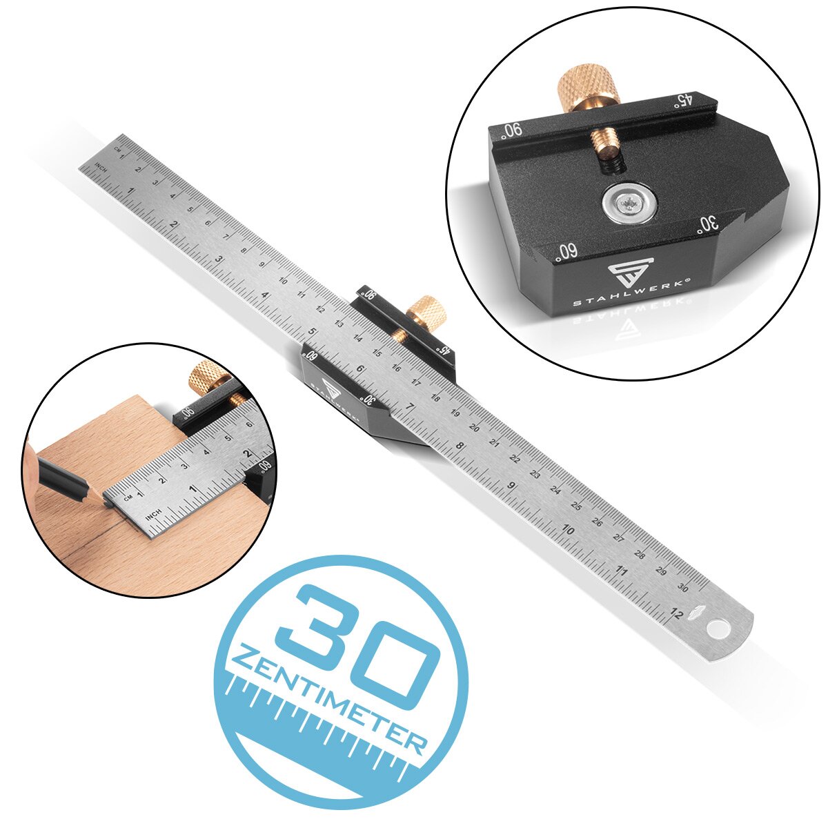 STAHLWERK Winkel-Anschlaglineal | Markierungslehre | Anreißlehre | Markierungslineal | Streichmaß zum Messen, Anreißen, Markieren und Zeichnen