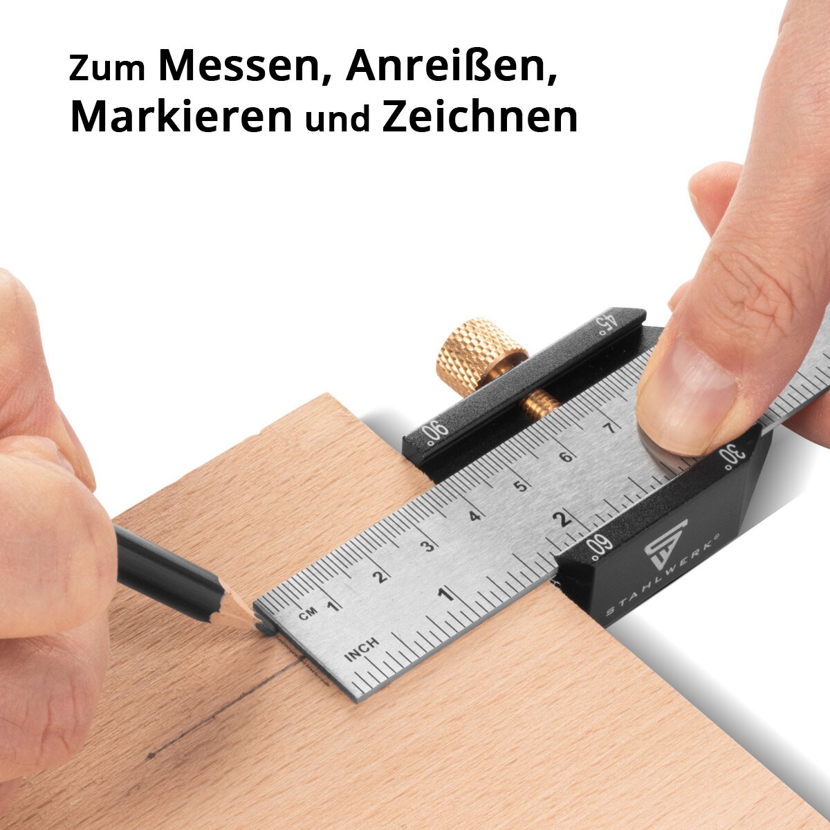 STAHLWERK Winkel-Anschlaglineal | Markierungslehre | Anreißlehre | Markierungslineal | Streichmaß zum Messen, Anreißen, Markieren und Zeichnen