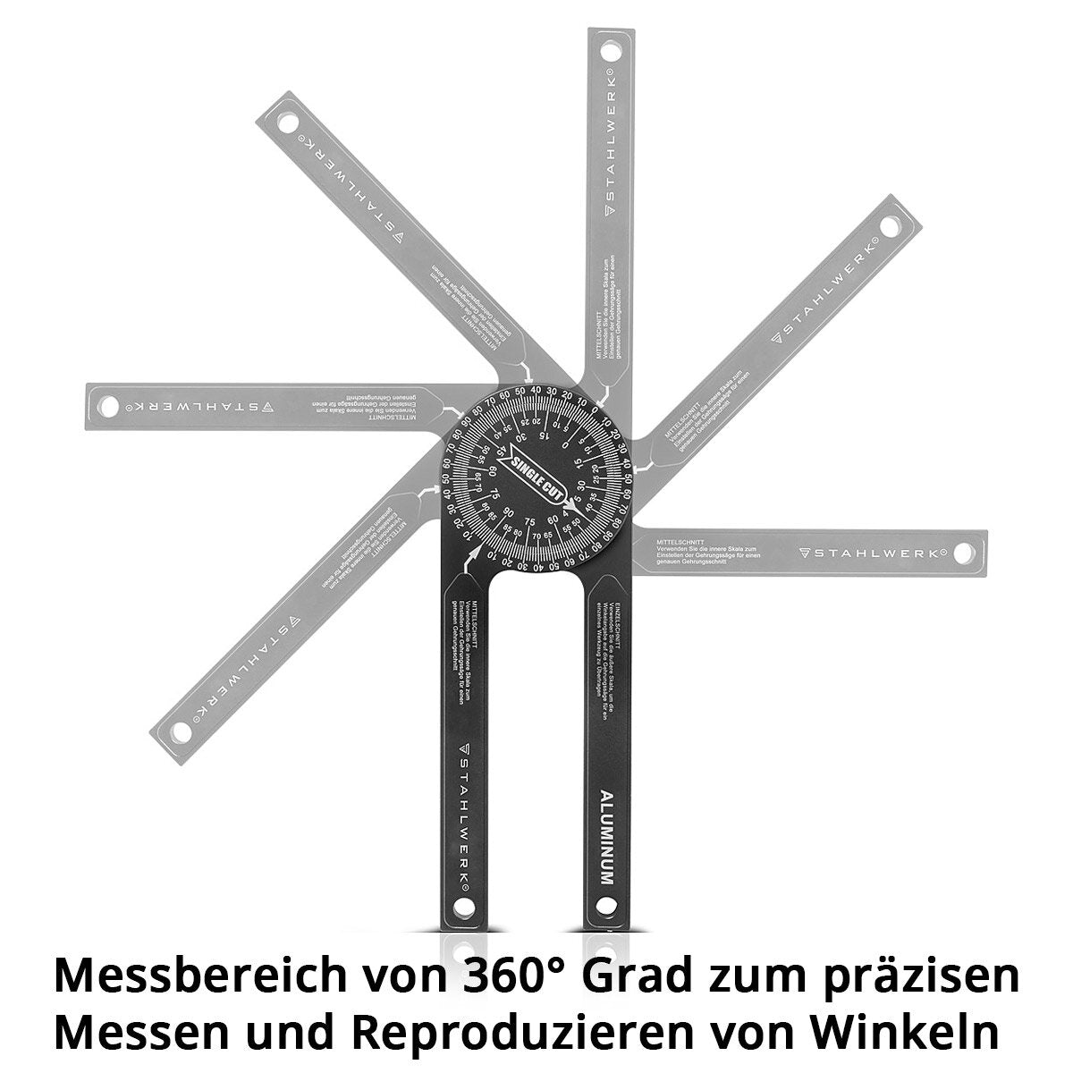 STAHLWERK Winkelmesser 360° Grad Aluminium Gehrungswinkelmesser | Winkelmessgerät | Gradmesser | Winkellineal | Goniometer | Messwerkzeug für präzise Gehrungsschnitte