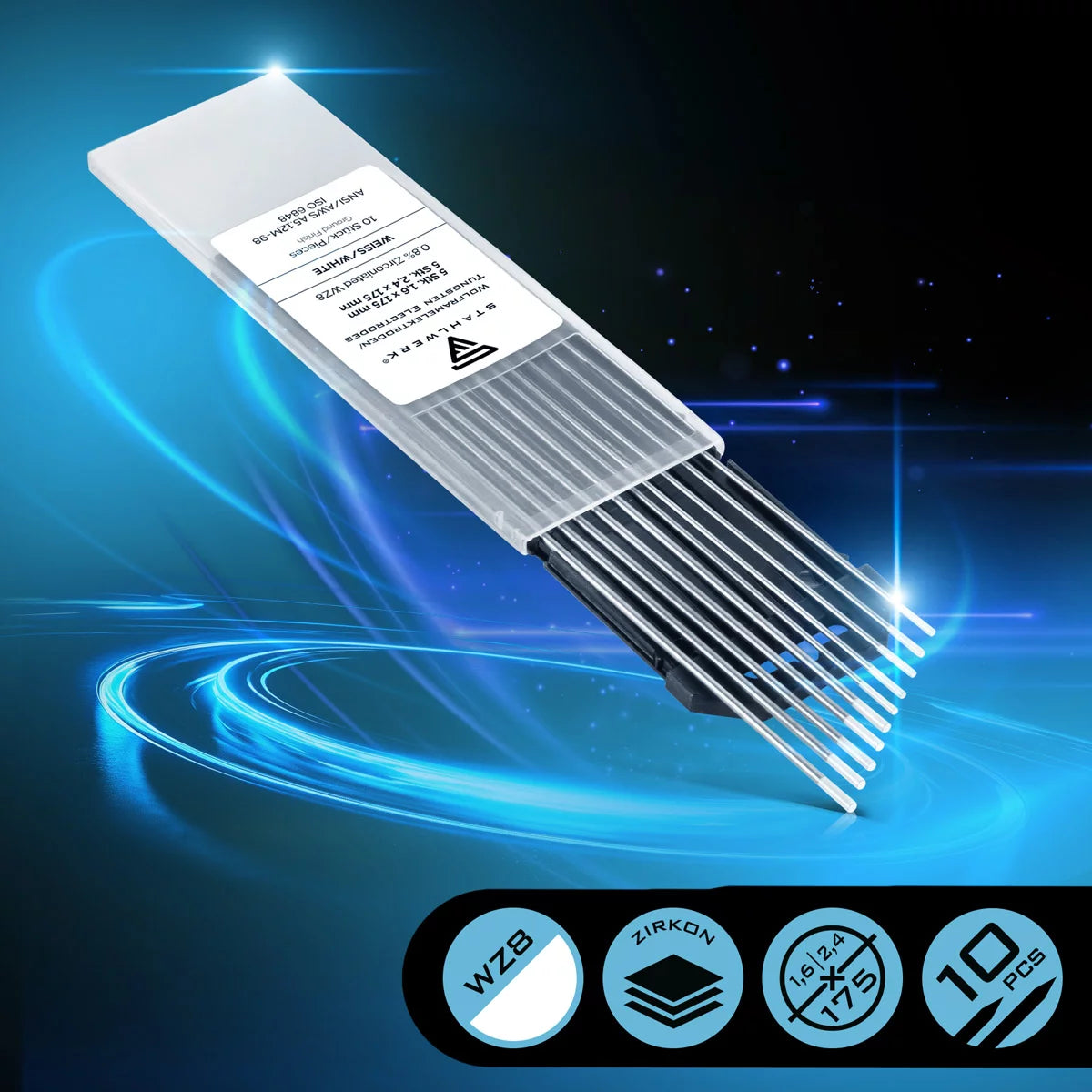 STAHLWERK Wolframelektroden / Schweißelektroden WZ8 Weiss 1,6 + 2,4 mm je 5 im praktischen 10er Set