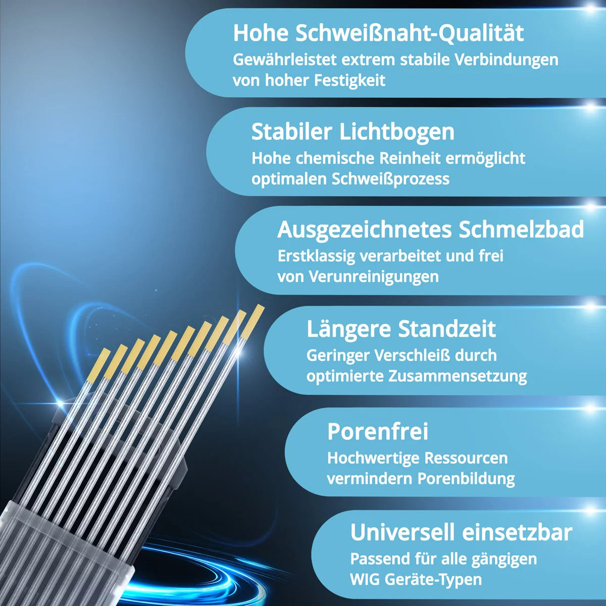 Elettrodi di tungsteno in acciaio / elettrodi di saldatura 2,4 x 175 mm WL15 oro nel set pratico 10 set