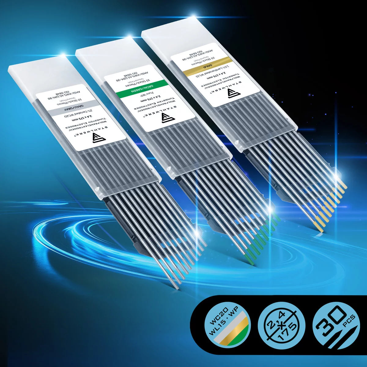 STAHLWERK Wolframelektroden / Schweißelektroden im praktischen Set Grau, Grün, Gold 2,4 mm je 10 Stk.