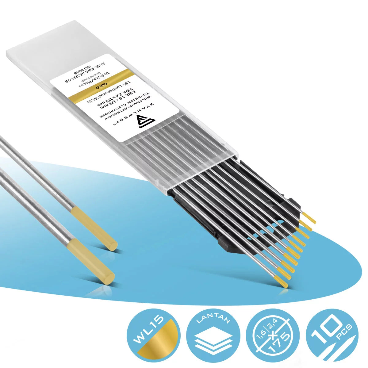 STAHLWERK Wolframelektroden / Schweißelektroden WL15 gold im praktischen Set 5 x 1,6 mm + 5 x 2,4 mm
