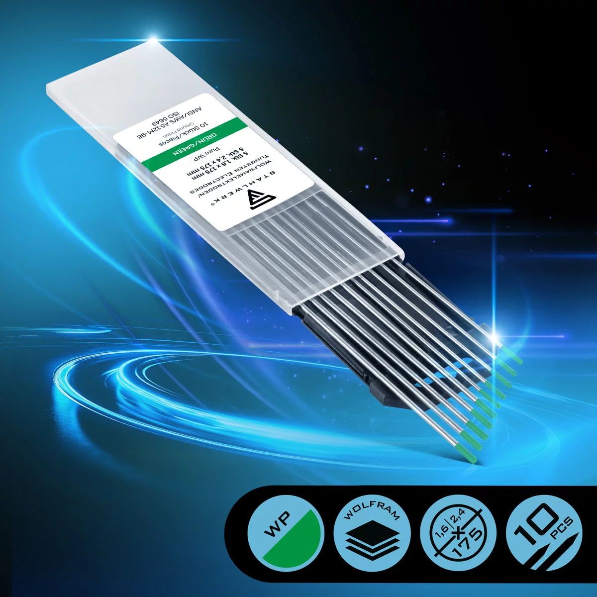 Electrodes en tungstène en acier / Electrodes de soudage WP Green dans l'ensemble pratique 5 x 1,6 mm + 5 x 2,4 mm x 175 mm