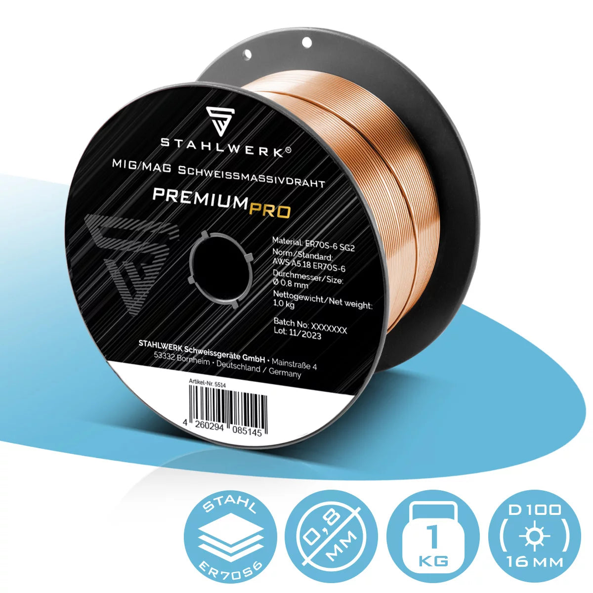 STAHLWERK MIG MAG Premium Schweißdraht ER70S-6 SG2 Ø 0,8 mm S100/D100 Drahtrolle 1 kg