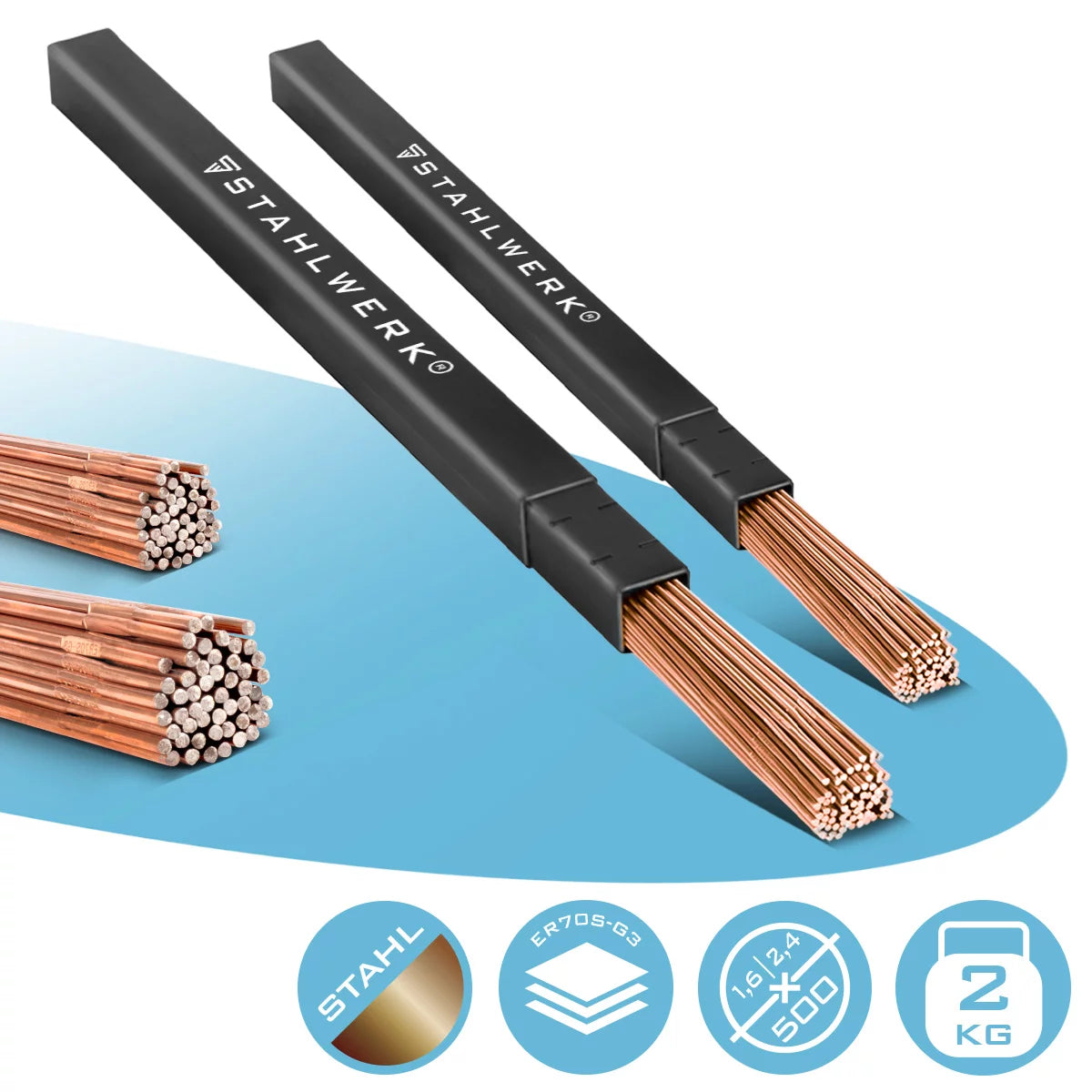 Stick di saldatura con parrucca di acciaio set ER70S-G3 Acciaio / Ø 1,6 e Ø 2,4 x 500 mm 2 kg inclusa la scatola di stoccaggio