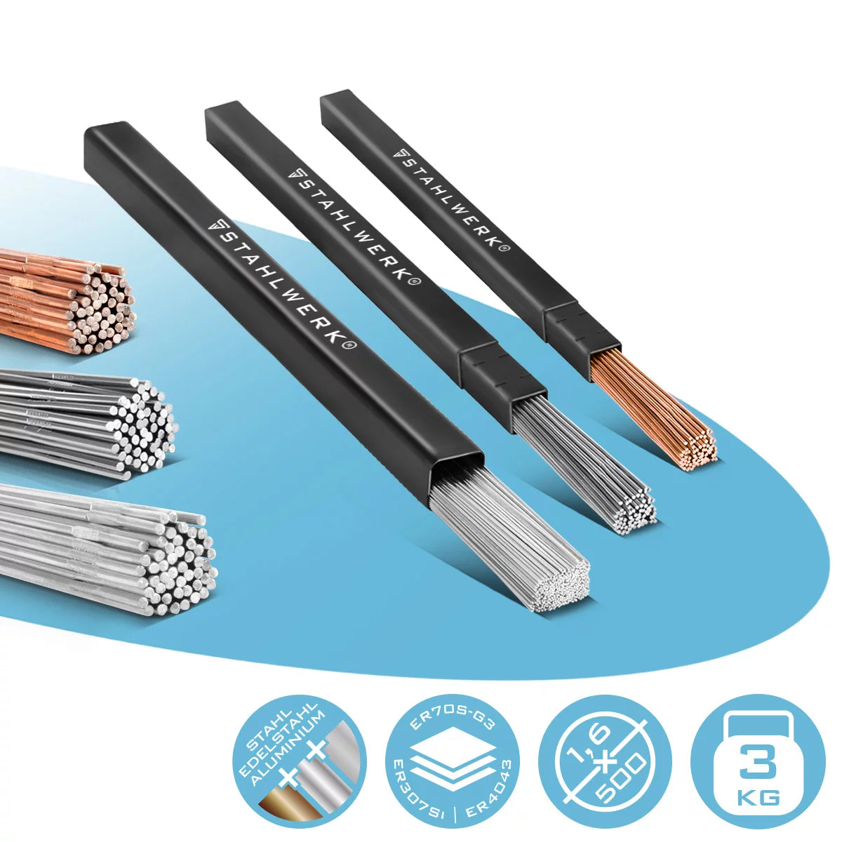 STAHLWERK WIG Schweißstäbe SET Stahl / Edelstahl  / Aluminium/ Ø 1,6 mm x 500 mm  / je 1 kg