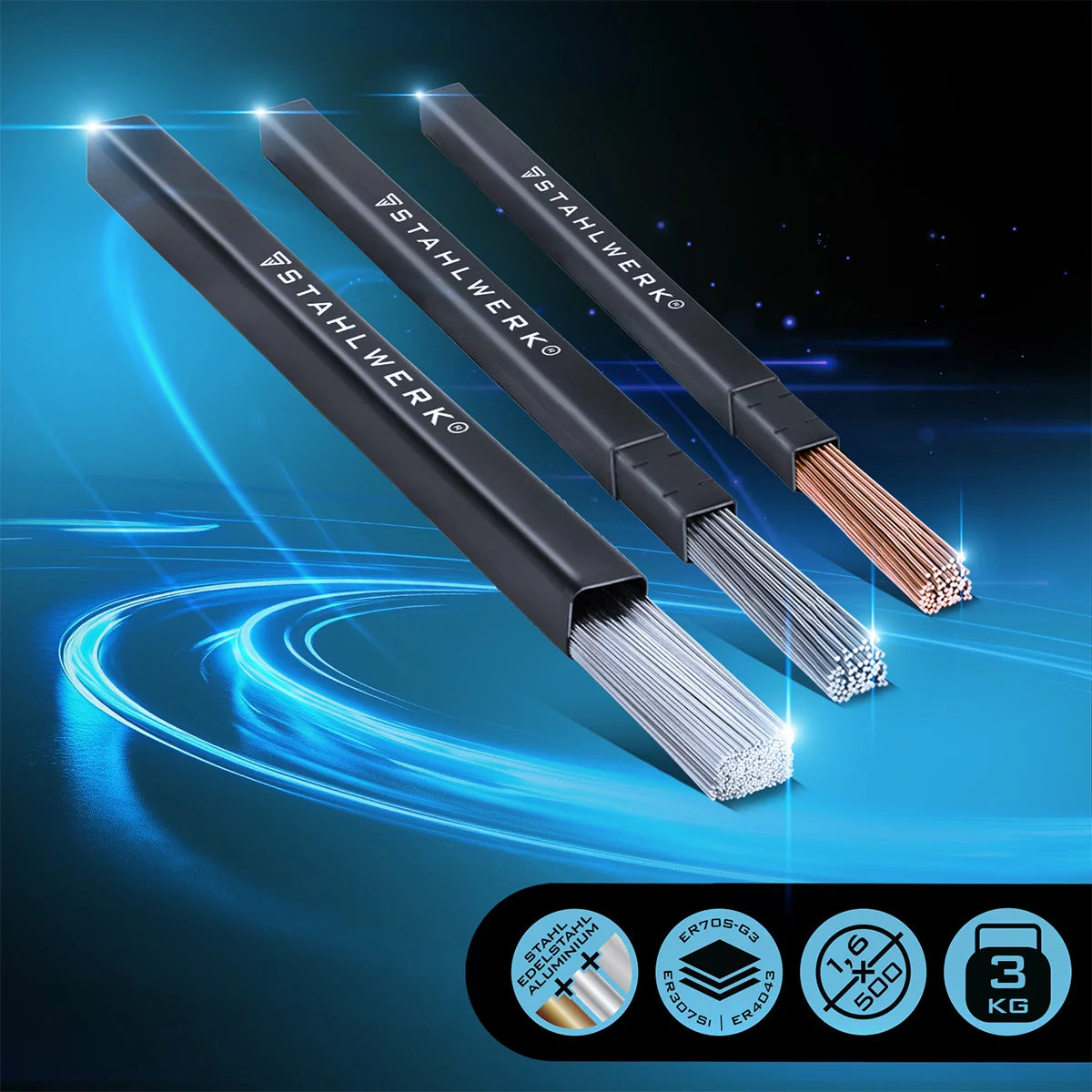 STAHLWERK WIG Schweißstäbe SET Stahl / Edelstahl  / Aluminium/ Ø 1,6 mm x 500 mm  / je 1 kg