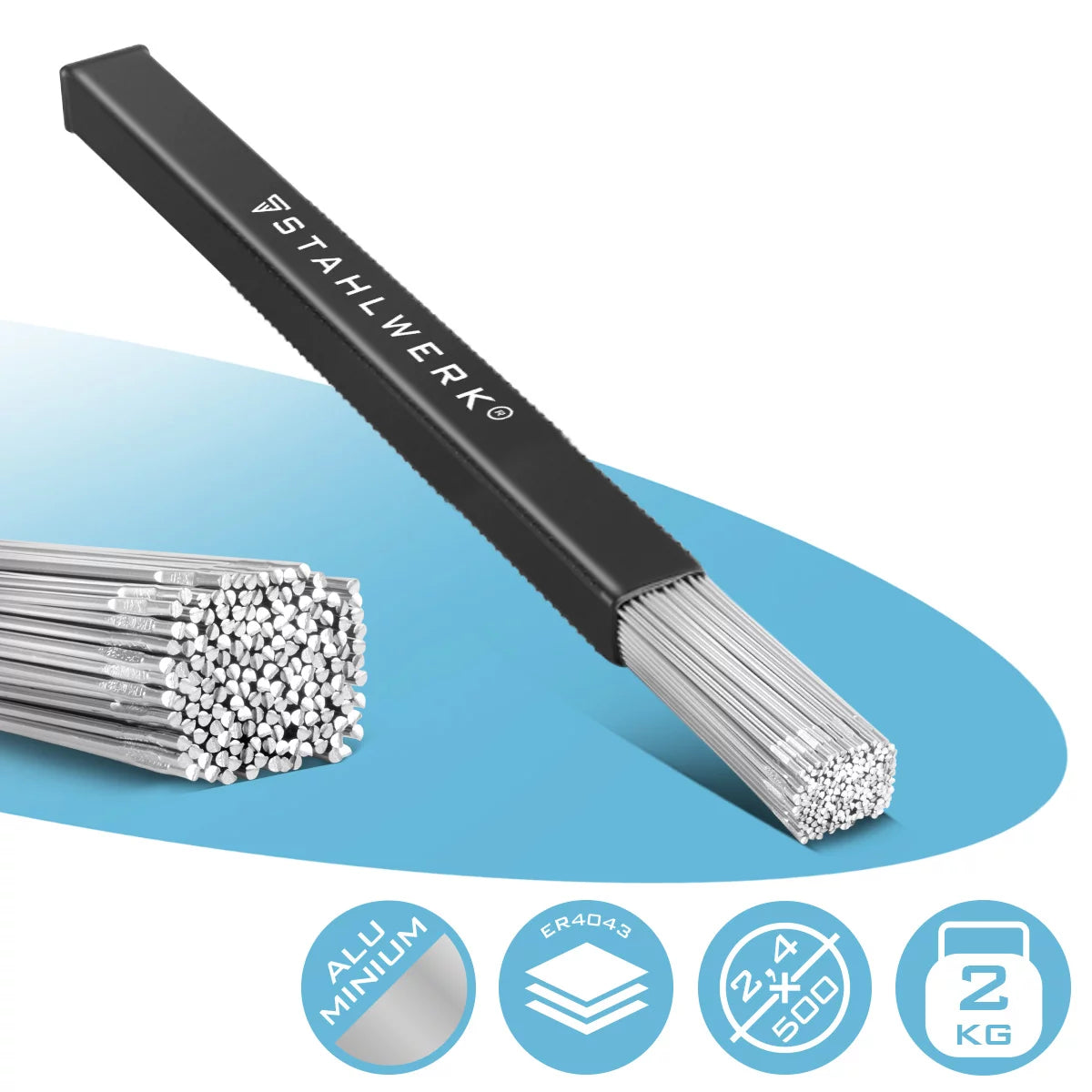 Sticchi di saldatura con parrucca per mulino in acciaio ER4043SI5 ALLUMINUM UP / Ø 2,4 mm x 500 mm / 2 kg / incluso scatola di stoccaggio