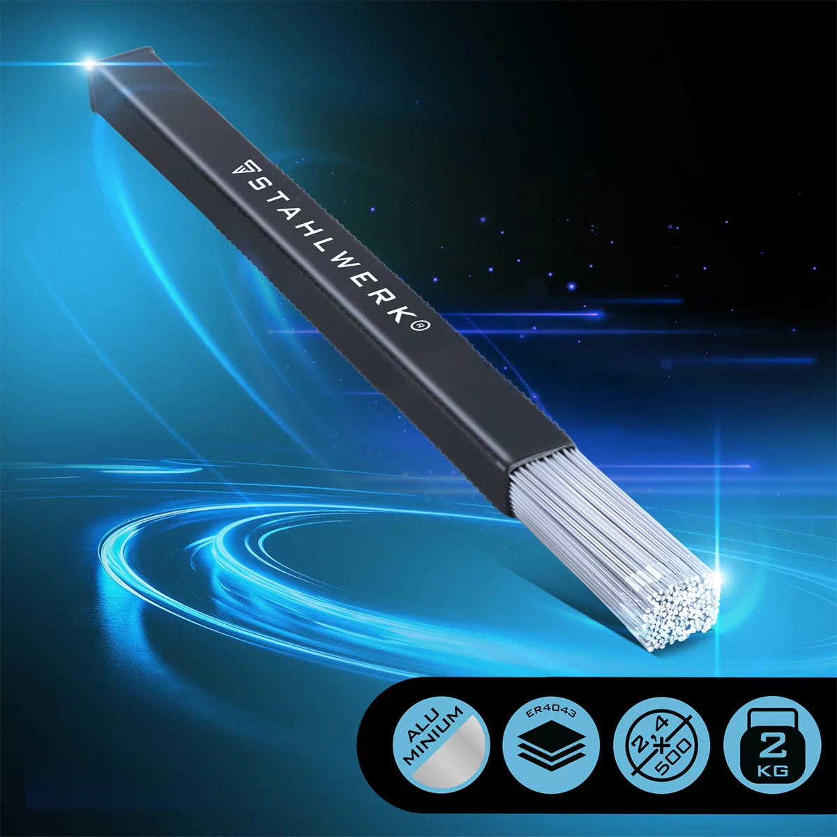 Sticchi di saldatura con parrucca per mulino in acciaio ER4043SI5 ALLUMINUM UP / Ø 2,4 mm x 500 mm / 2 kg / incluso scatola di stoccaggio