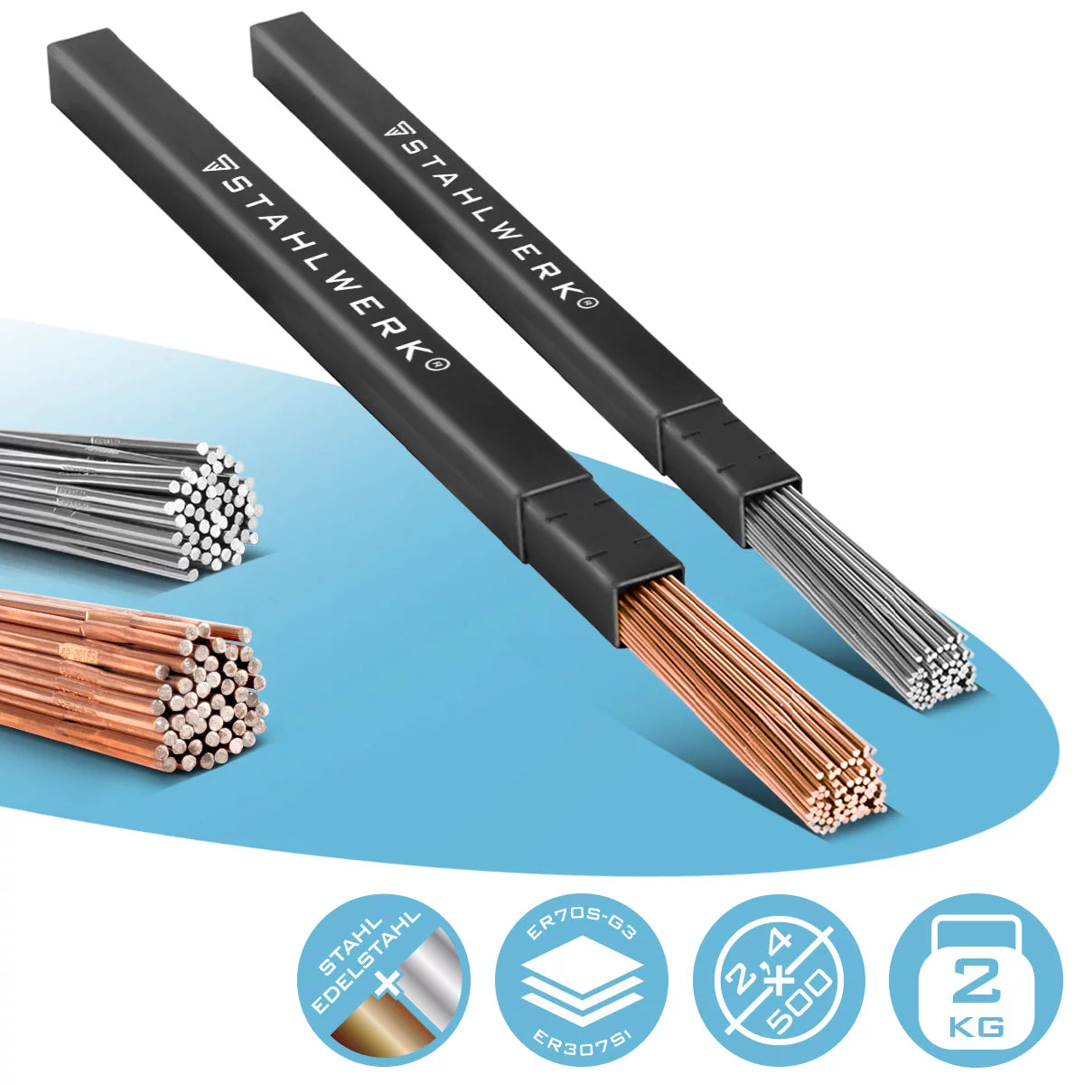 Sticchi di saldatura con parrucca in acciaio acciaio / acciaio inossidabile / Ø 2,5 / 2,4 mm x 500 mm nel set pratico / 1 kg / incluso la scatola di stoccaggio