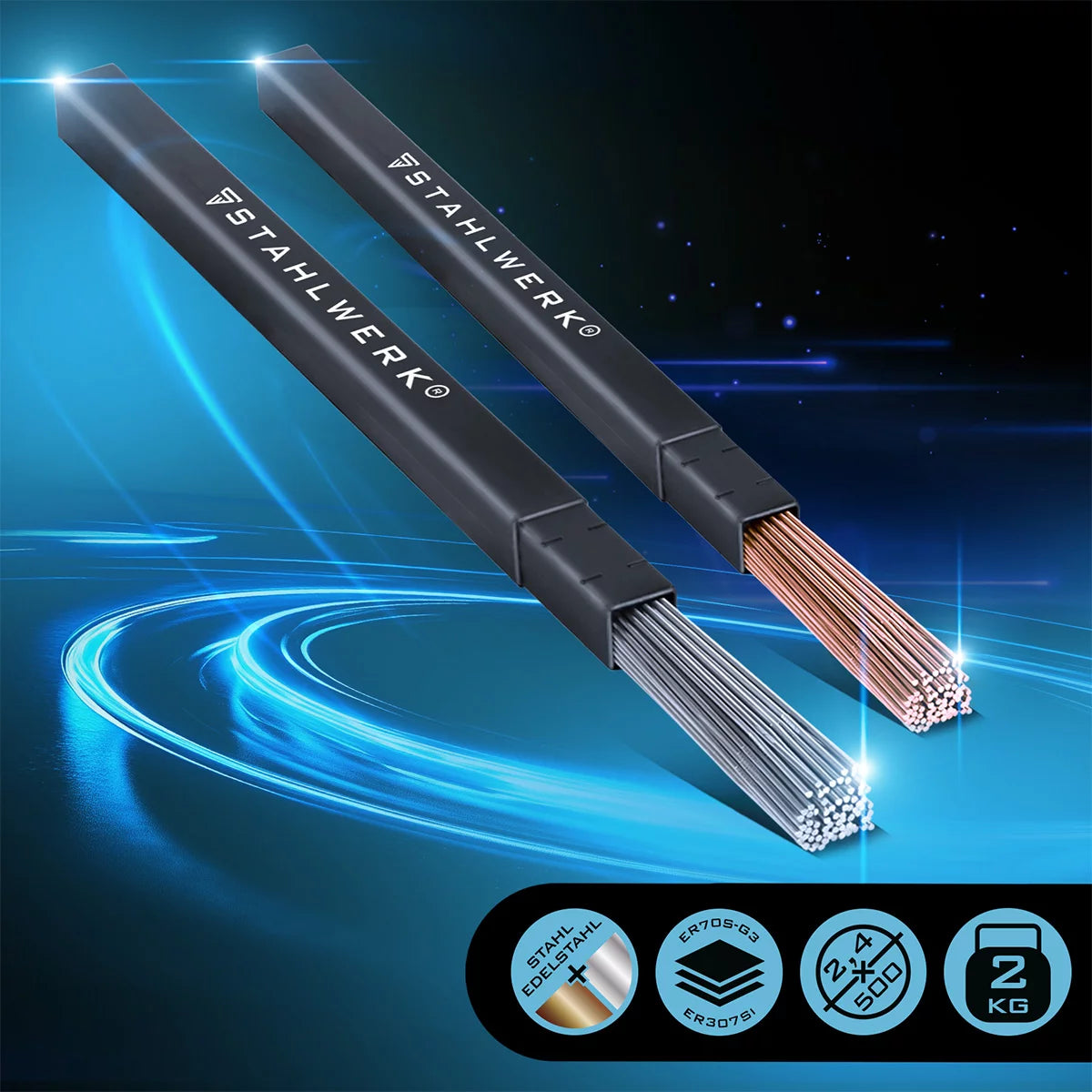 Sticchi di saldatura con parrucca in acciaio acciaio / acciaio inossidabile / Ø 2,5 / 2,4 mm x 500 mm nel set pratico / 1 kg / incluso la scatola di stoccaggio