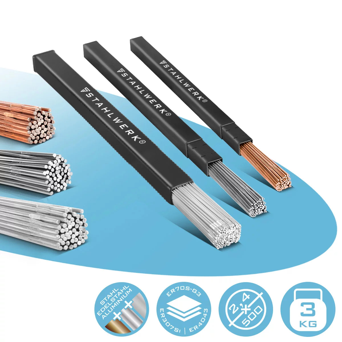 STAHLWERK WIG Schweißstäbe SET Stahl / Edelstahl / Aluminium/ Ø 2,5/2,4 mm x 500 mm / je 1 kg / inklusive Aufbewahrungsbox