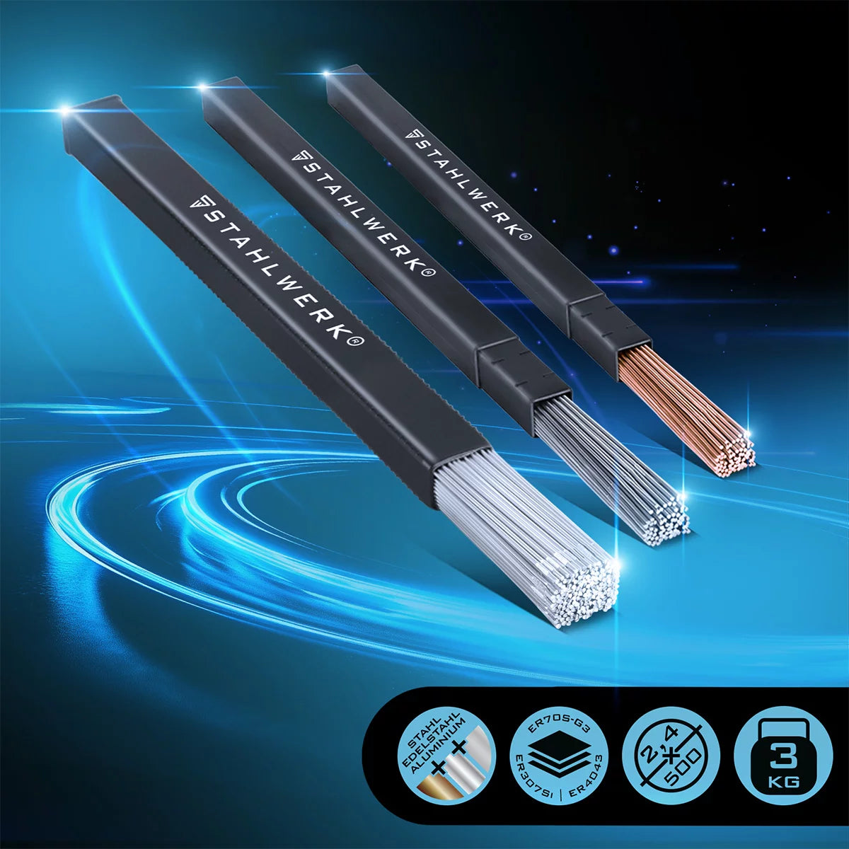 STAHLWERK WIG Schweißstäbe SET Stahl / Edelstahl / Aluminium/ Ø 2,5/2,4 mm x 500 mm / je 1 kg / inklusive Aufbewahrungsbox