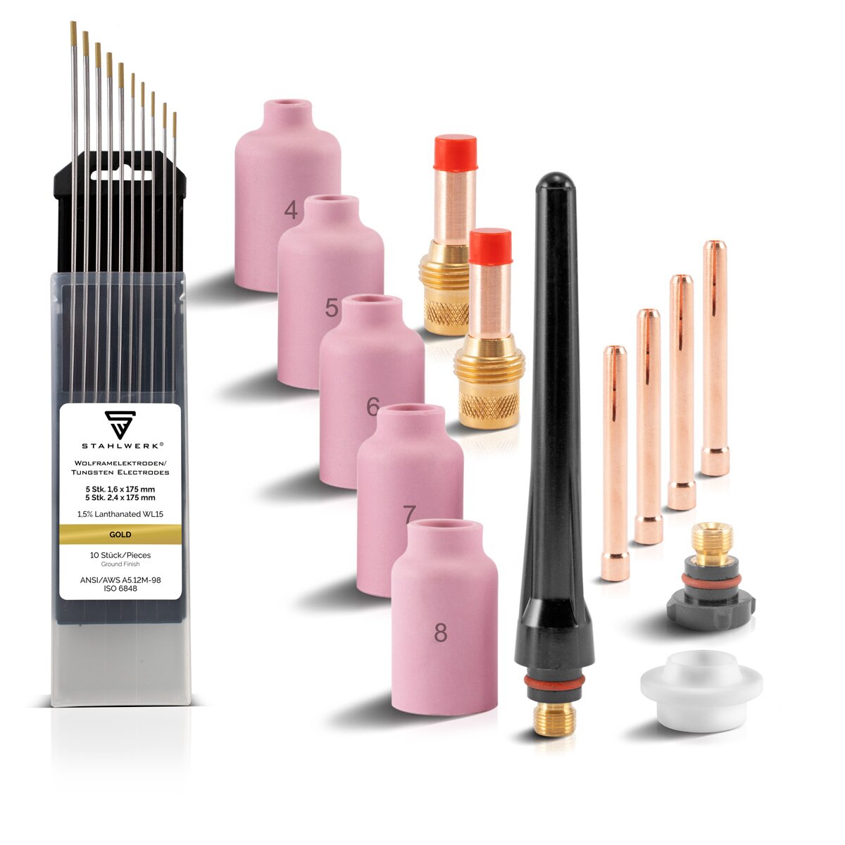 STAHLWERK WIG Gaslinsen Schweißzubehör Set 24-teilig mit Spannhülsen + Keramikdüsen + Wolframelektroden, Verschleißteile für WP-26 WIG-Schweißbrenner