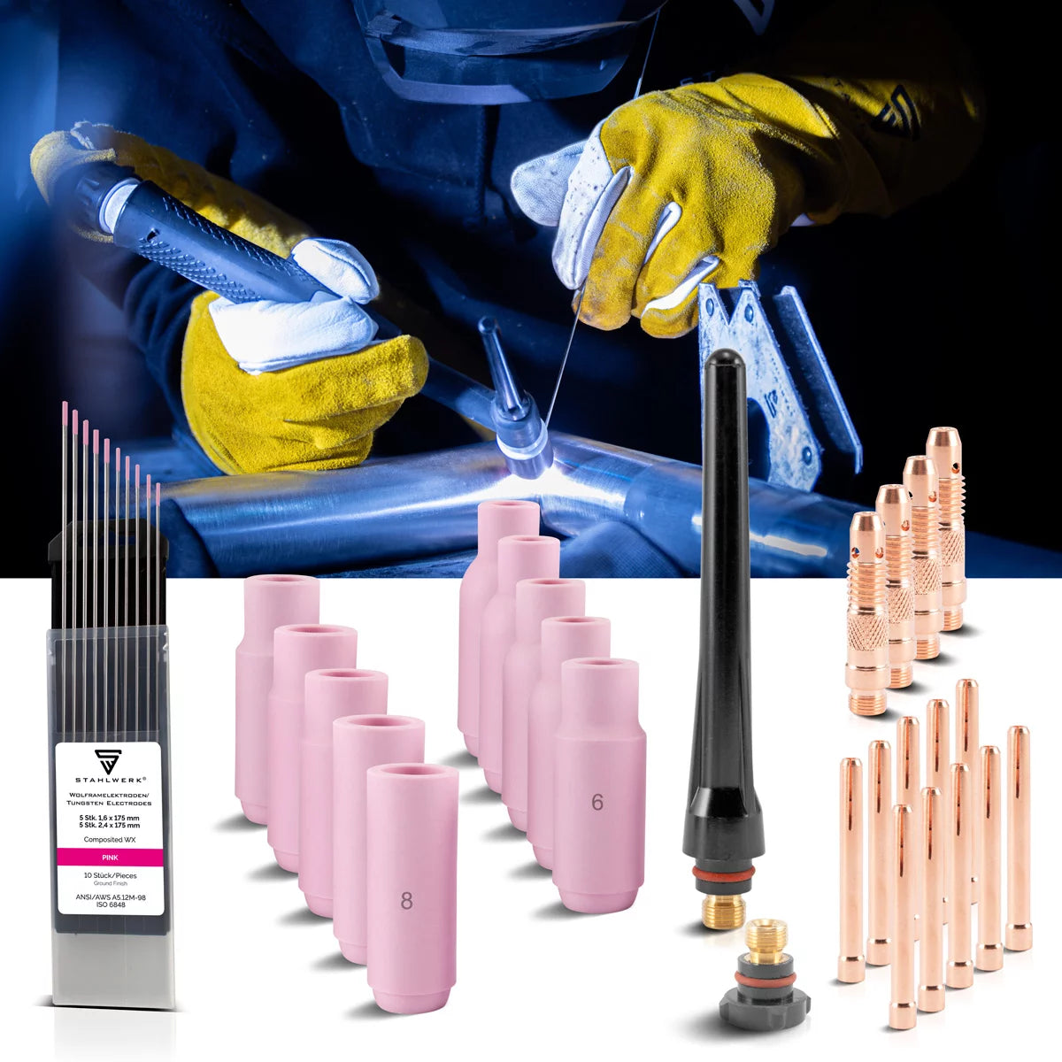STAHLWERK WP-26 WIG Schweißzubehör Verschleißteile: Spannhülsen + Gehäuse + Keramikdüsen + Wolframelektroden für WP SR Binzel 17 18 26 WIG-Schweißbrenner, Set 36-tlg.